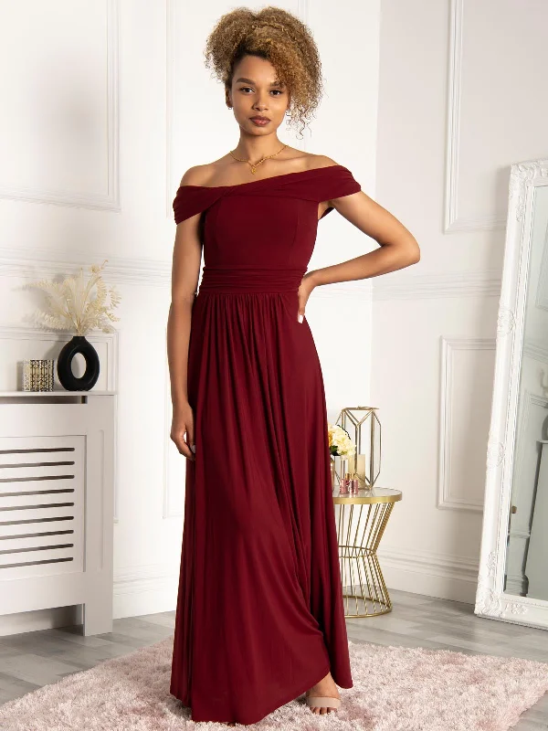 Jolie Moi Bardot Neck Mesh Maxi Dress, Burgundy