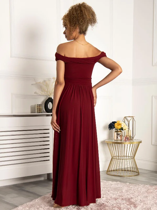 Jolie Moi Bardot Neck Mesh Maxi Dress, Burgundy