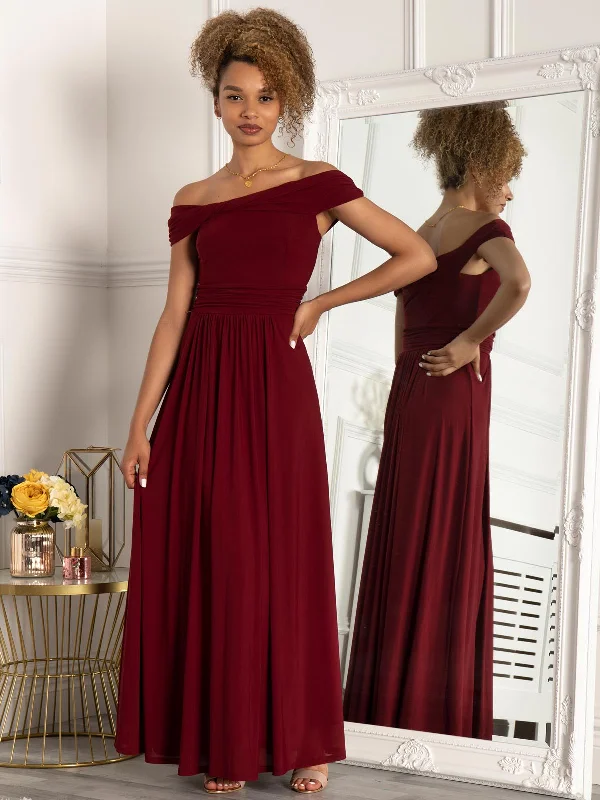 Jolie Moi Bardot Neck Mesh Maxi Dress, Burgundy