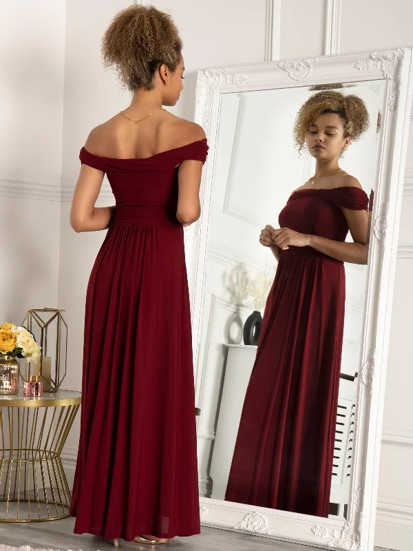 Jolie Moi Bardot Neck Mesh Maxi Dress, Burgundy