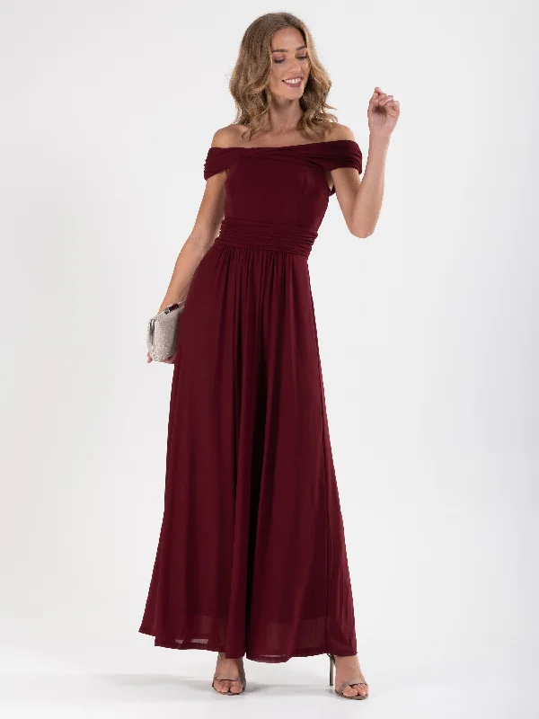 Jolie Moi Bardot Neck Mesh Maxi Dress, Burgundy