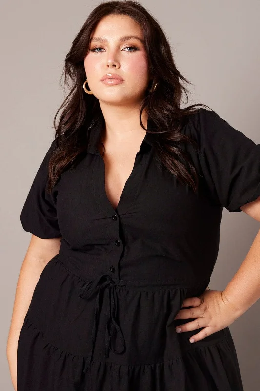 Black Button Through Collared Shirtdress