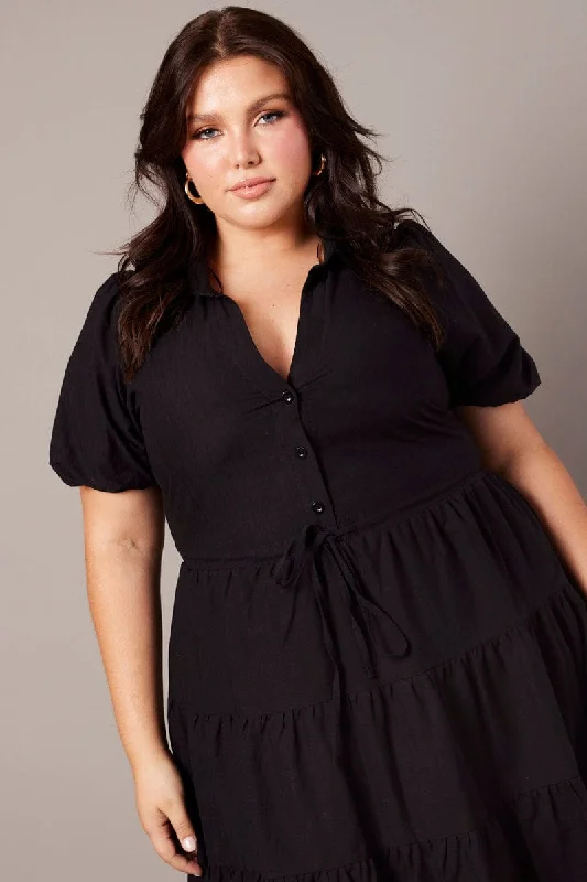 Black Button Through Collared Shirtdress