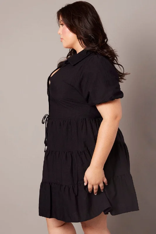 Black Button Through Collared Shirtdress