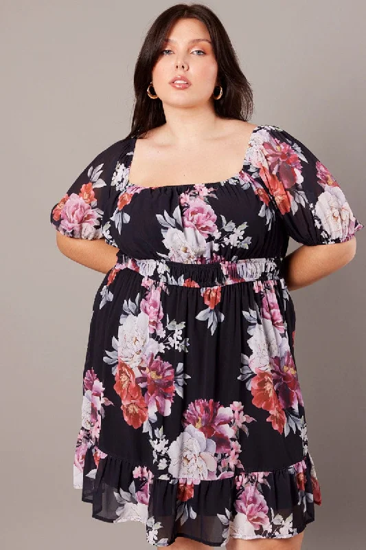 Black Floral Puff Sleeve Minidress Elastic Waist Detail