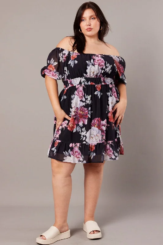 Black Floral Puff Sleeve Minidress Elastic Waist Detail