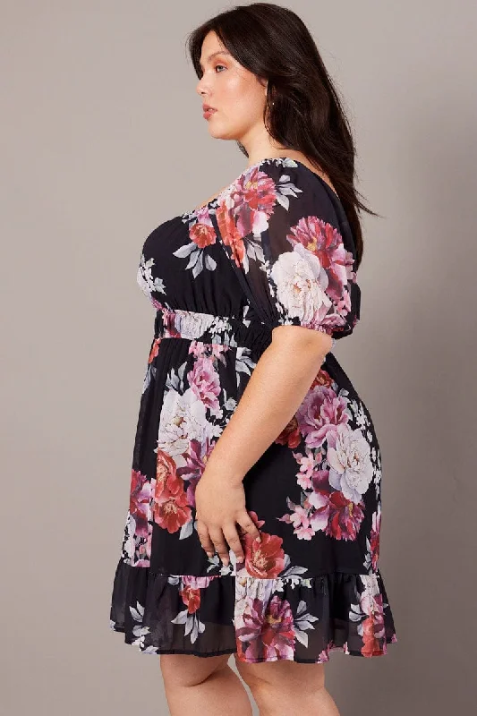 Black Floral Puff Sleeve Minidress Elastic Waist Detail