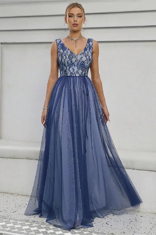 Blue A-Line V-Neck Long Prom Dress