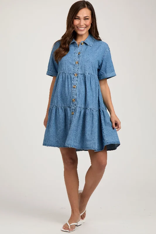 Blue Denim Button Down Tiered Maternity Dress