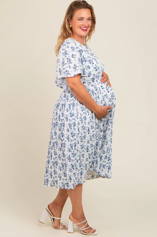 Blue Ditsy Floral Pleated Plus Maternity Dress