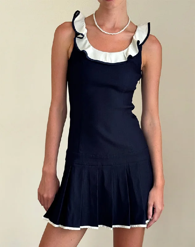 Busari Frill Neck Mini Dress in Navy