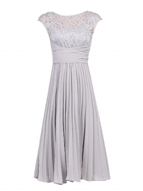 Cindy Lace Bodice Pleated Dress, Silver Grey