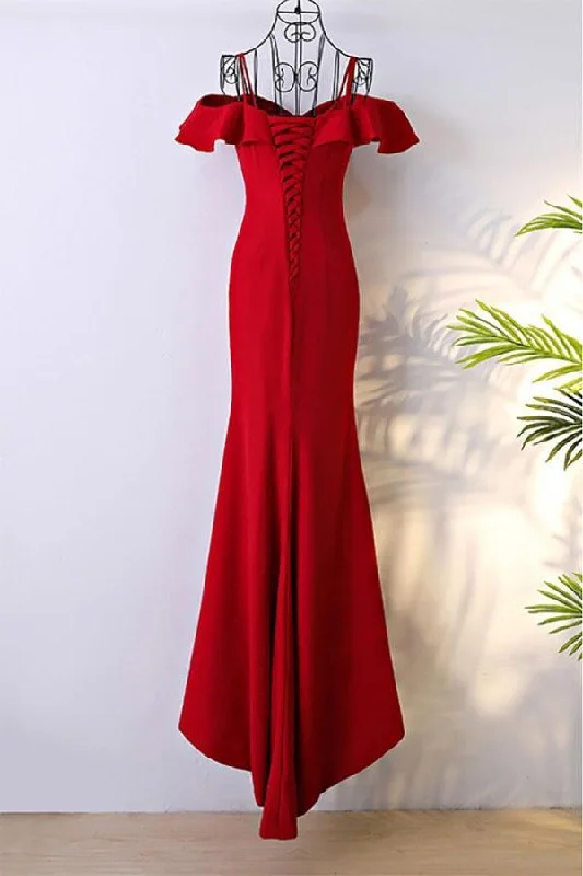 Off Shoulder Classy Long Red Mermaid Prom Dress With Train PG596