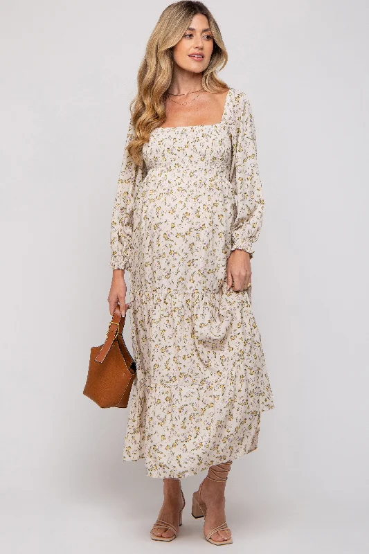 Cream Floral Smocked Long Sleeve Maternity Maxi Dress