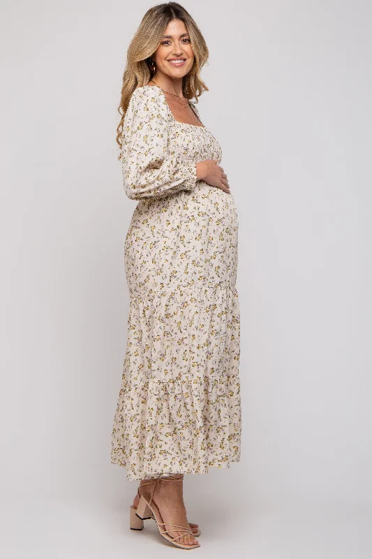 Cream Floral Smocked Long Sleeve Maternity Maxi Dress