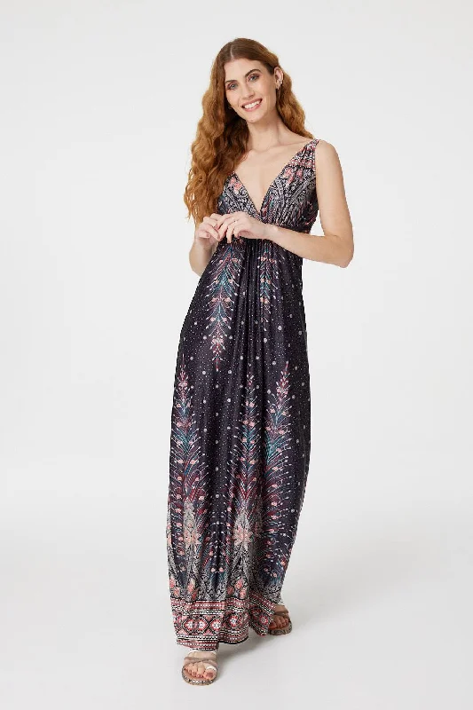 Peacock Print A-Line Maxi Dress