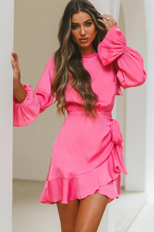 Darla Long Sleeve Satin Dress Hot Pink