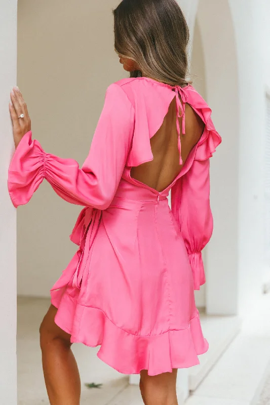 Darla Long Sleeve Satin Dress Hot Pink