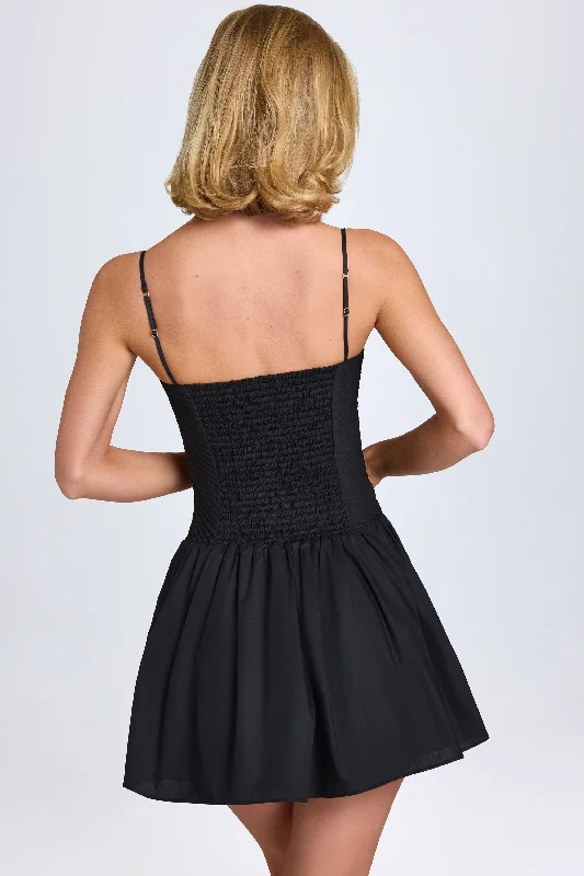 Pintucked Shirred Mini Dress in Black