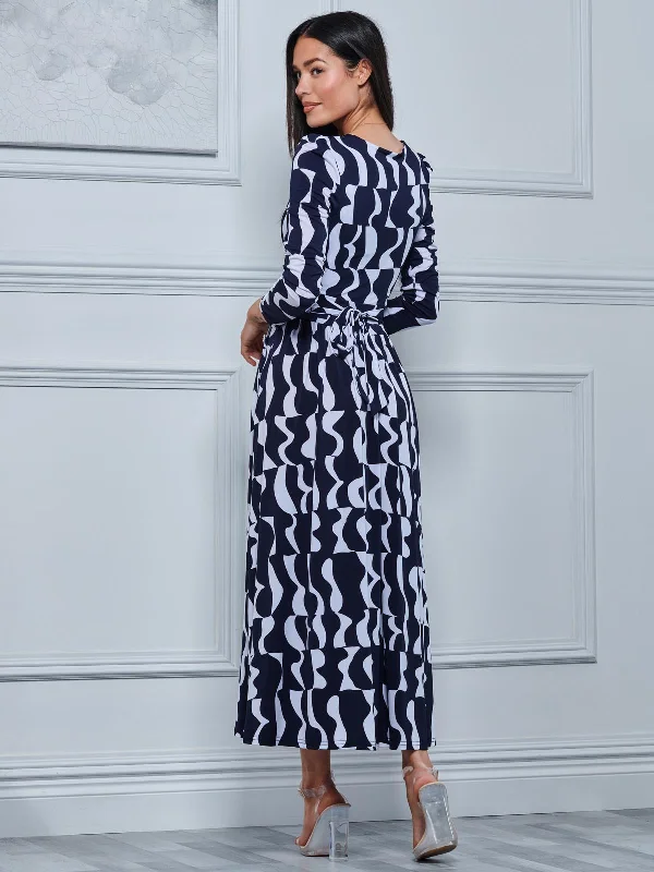 Geometric Print Long Sleeve Maxi Dress, Navy Geo