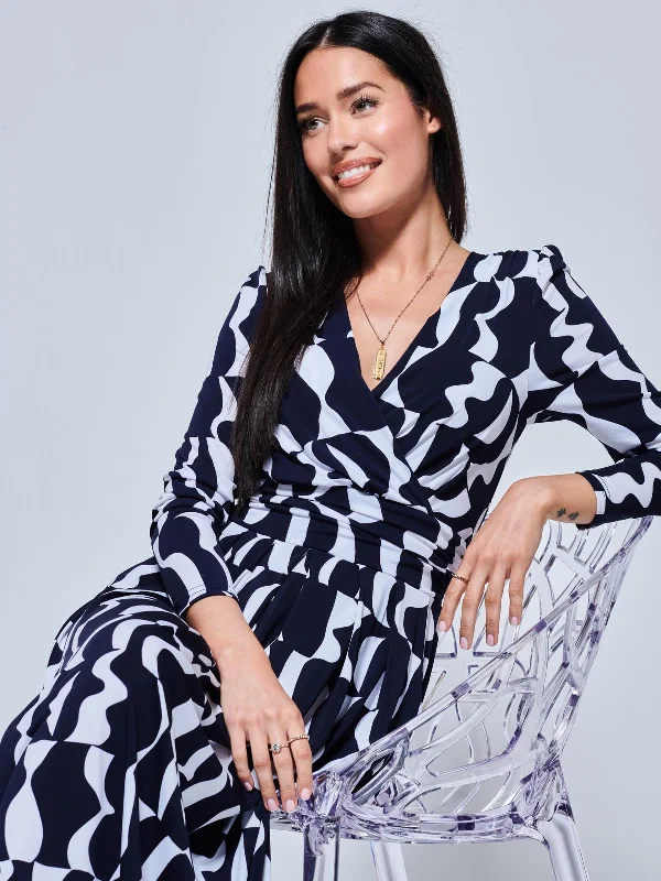 Geometric Print Long Sleeve Maxi Dress, Navy Geo