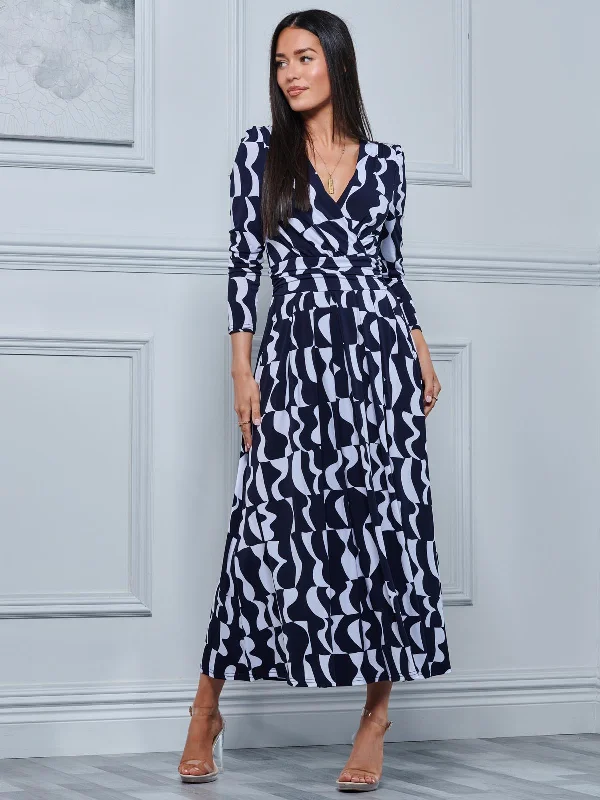 Geometric Print Long Sleeve Maxi Dress, Navy Geo