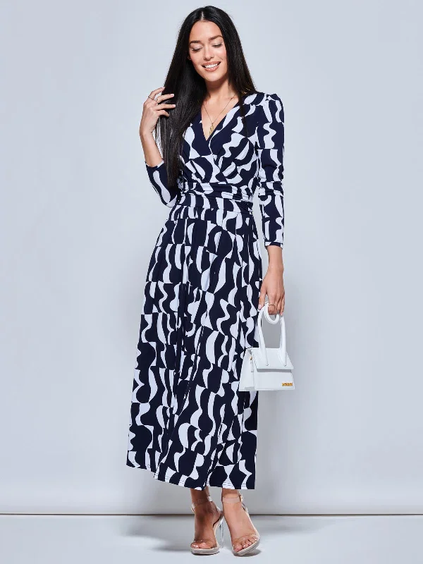 Geometric Print Long Sleeve Maxi Dress, Navy Geo