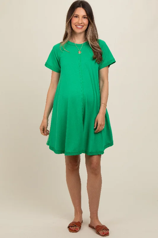 Green Solid T-shirt Maternity Mini Dress