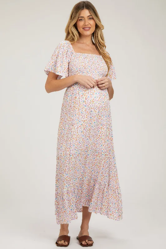 Ivory Floral Smocked Maternity Maxi Dress