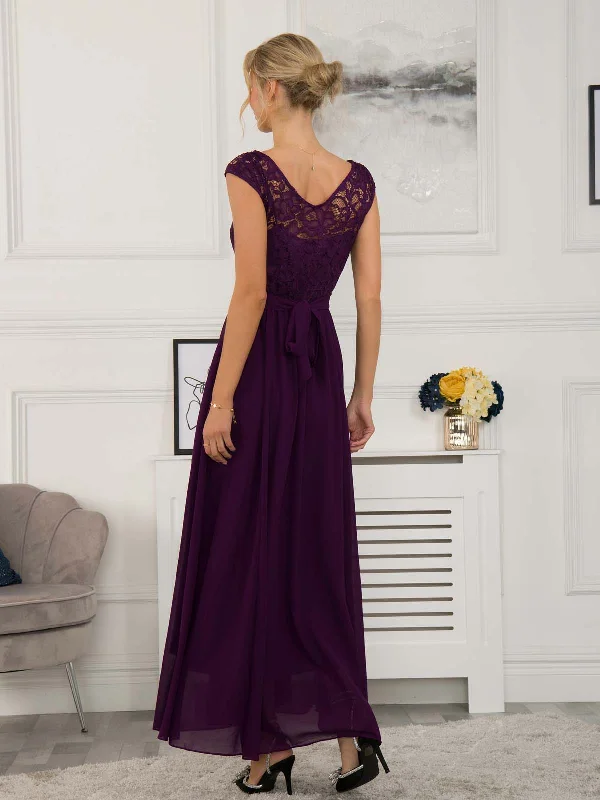 Lace Bodice Chiffon Maxi Bridesmaid Dress, Dark Purple