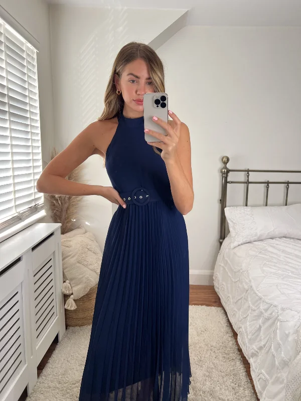 Luisa Belted Pleated Maxi Dress / Navy