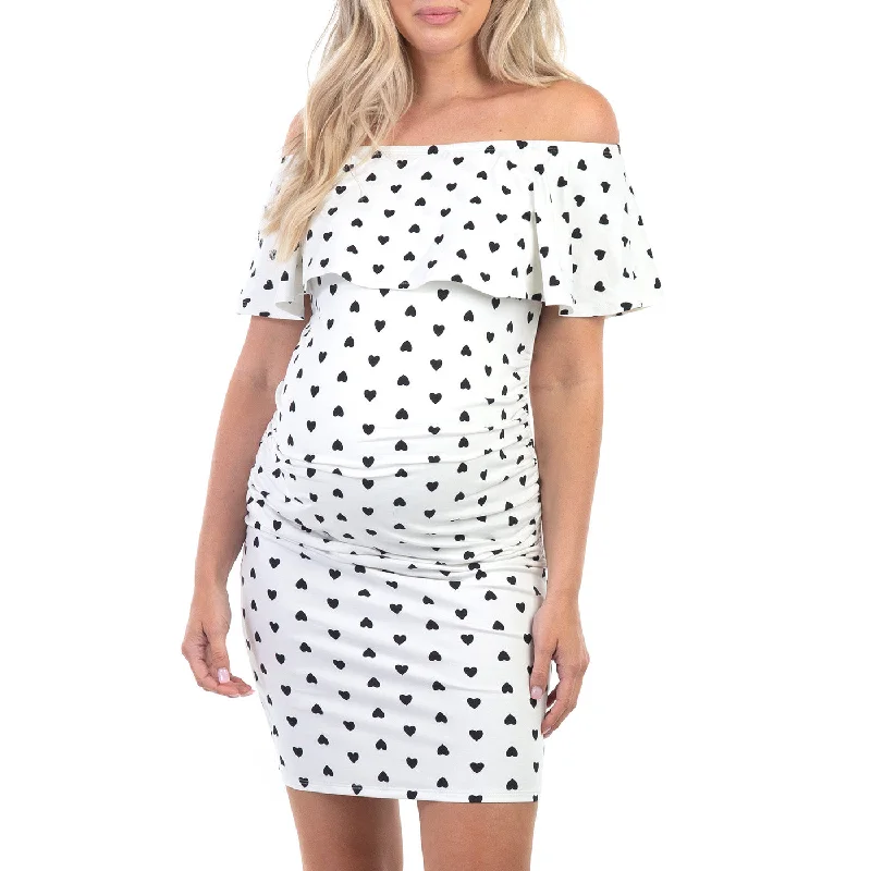 Maternity Heart Print Sleeveless Bodycon Ruched Dress with Ruffles