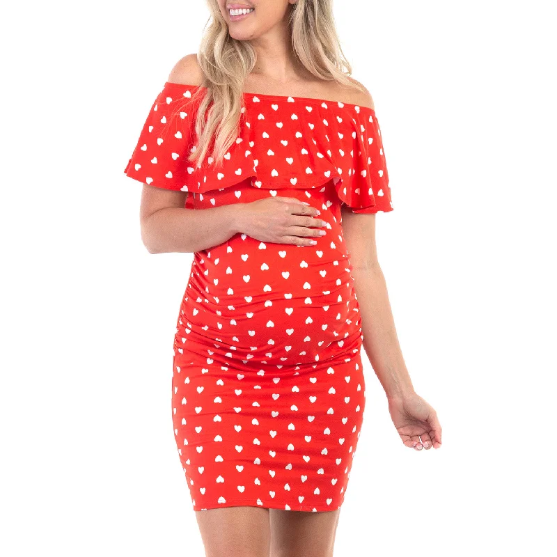 Maternity Heart Print Sleeveless Bodycon Ruched Dress with Ruffles