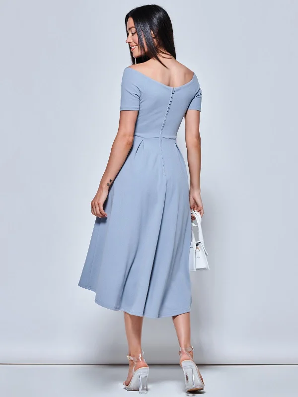 Off The Shoulder Dip Hem Dress, Steel Blue