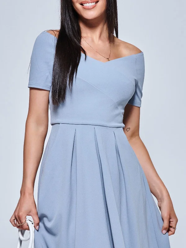 Off The Shoulder Dip Hem Dress, Steel Blue