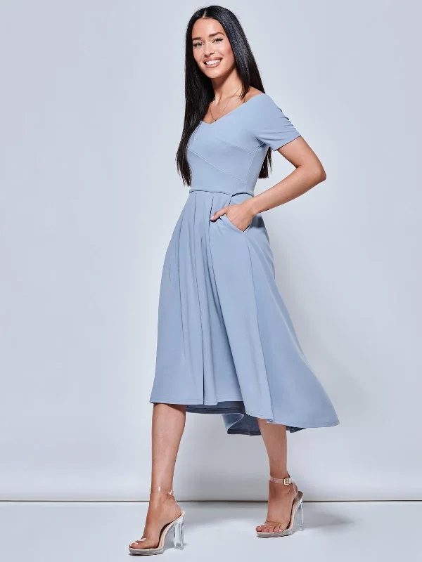 Off The Shoulder Dip Hem Dress, Steel Blue