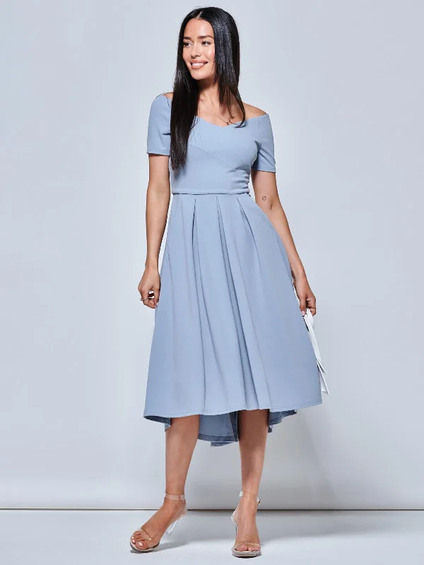 Off The Shoulder Dip Hem Dress, Steel Blue