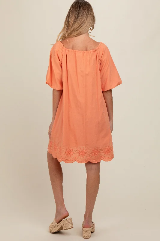 Peach Embroidered Puff Sleeve Maternity Dress