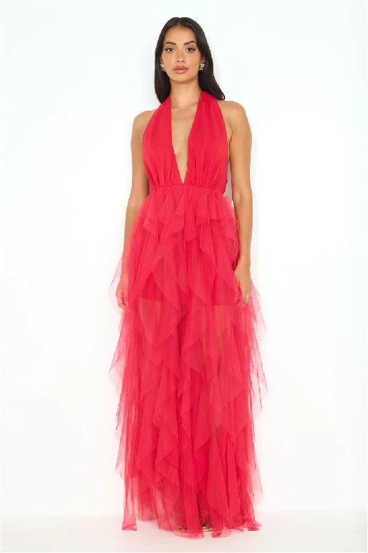 Prideful Halter Tulle Maxi Dress Red