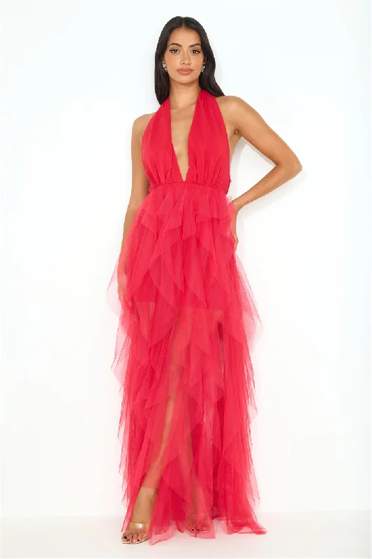 Prideful Halter Tulle Maxi Dress Red