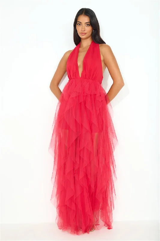 Prideful Halter Tulle Maxi Dress Red