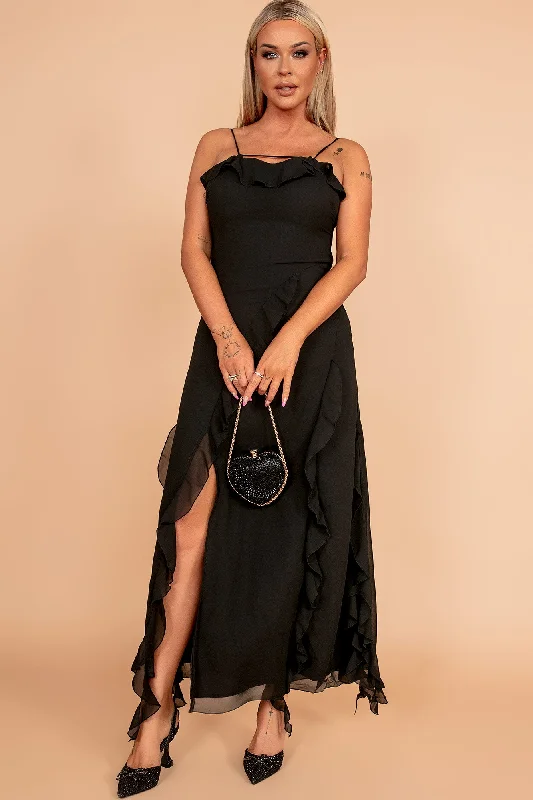 Rochel Black Chiffon Frill Maxi Dress