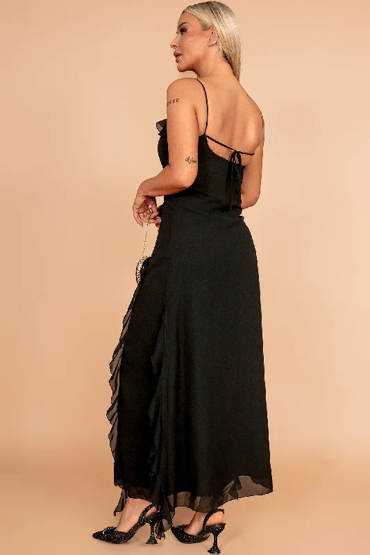 Rochel Black Chiffon Frill Maxi Dress