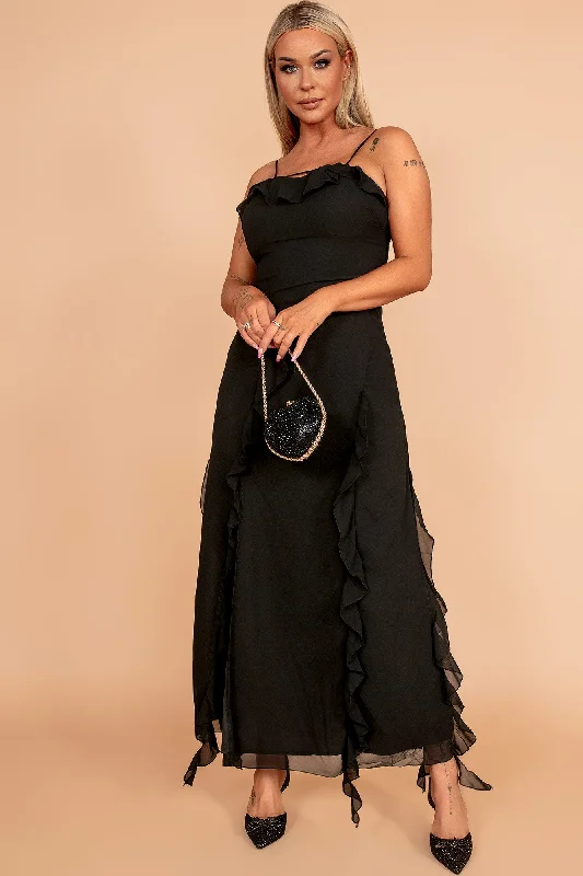 Rochel Black Chiffon Frill Maxi Dress