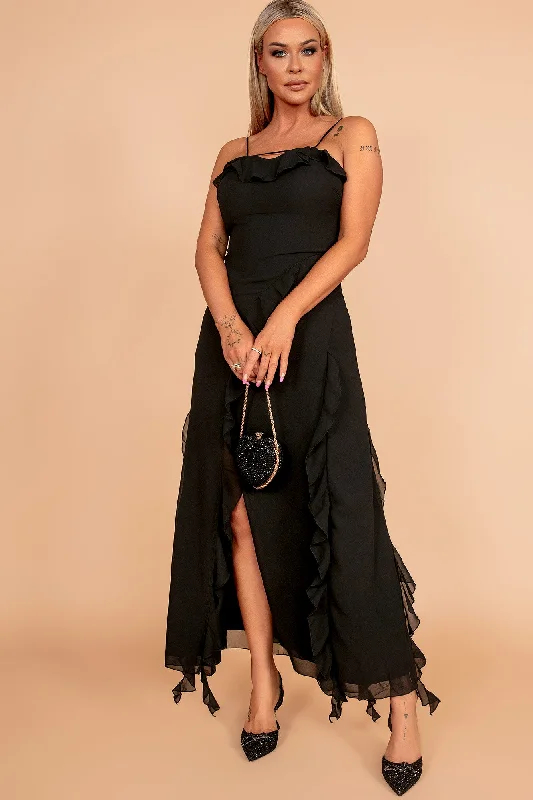 Rochel Black Chiffon Frill Maxi Dress