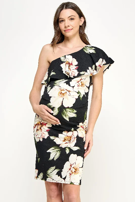 Ruffled One Shoulder Floral Maternity Dress