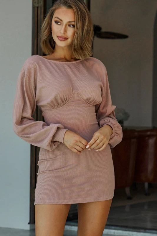 Sammy Long Balloon Sleeve Piping Detail Ribbed Dress Mauve