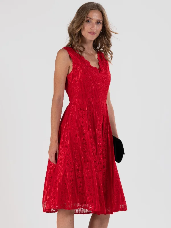 Scalloped V Neck Lace Dress, Red