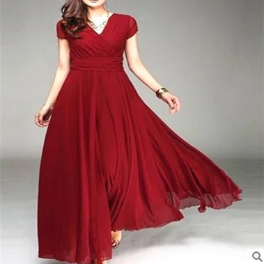 V-neck Sleeve Bohemian Chiffon Waist Dress Dresses