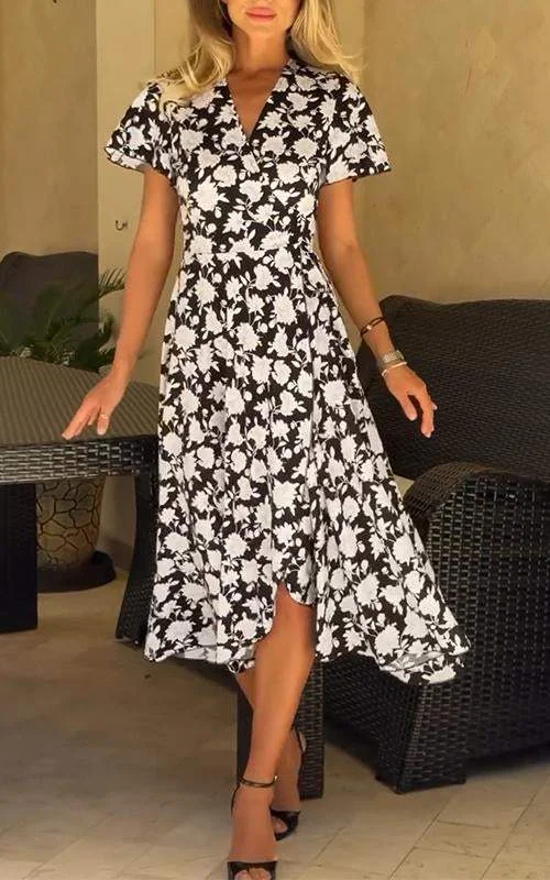 Women's V-neck Printed Waist Dress